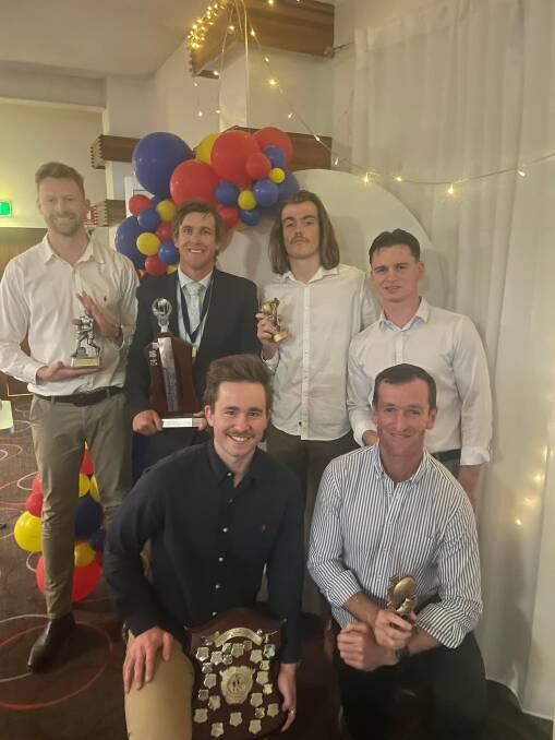Tom Groves (back row, second from left) was chuffed to claim his first best and fairest honour at Leeton-Whitton. Picture from Leeton-Whitton Crows