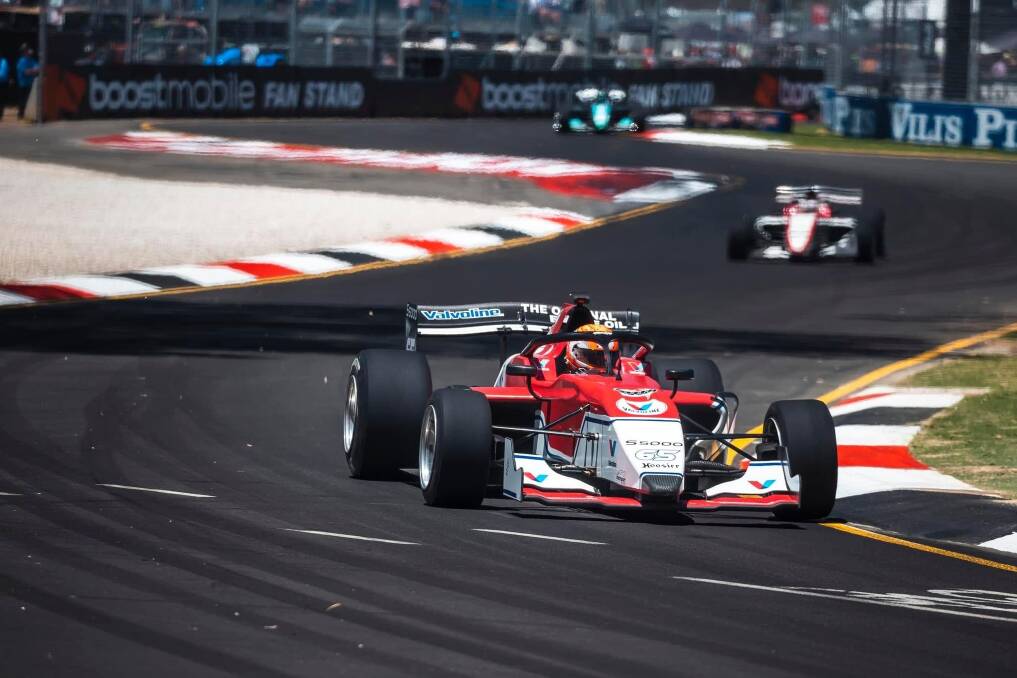 Leeton's Noah Sands put in a strong performance in Adelaide finishing the feature race in third ahead of former Formula 1 Grand Prix winner Giancarlo Fisichella. Picture from Garry Rogers Motorsport