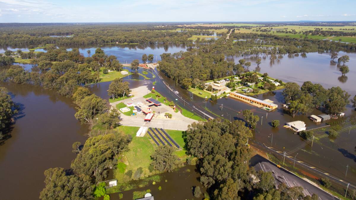 The intersection of the Newell and Sturt Highways is still underwater at Gillenbah. Picture by Jake Semmler
