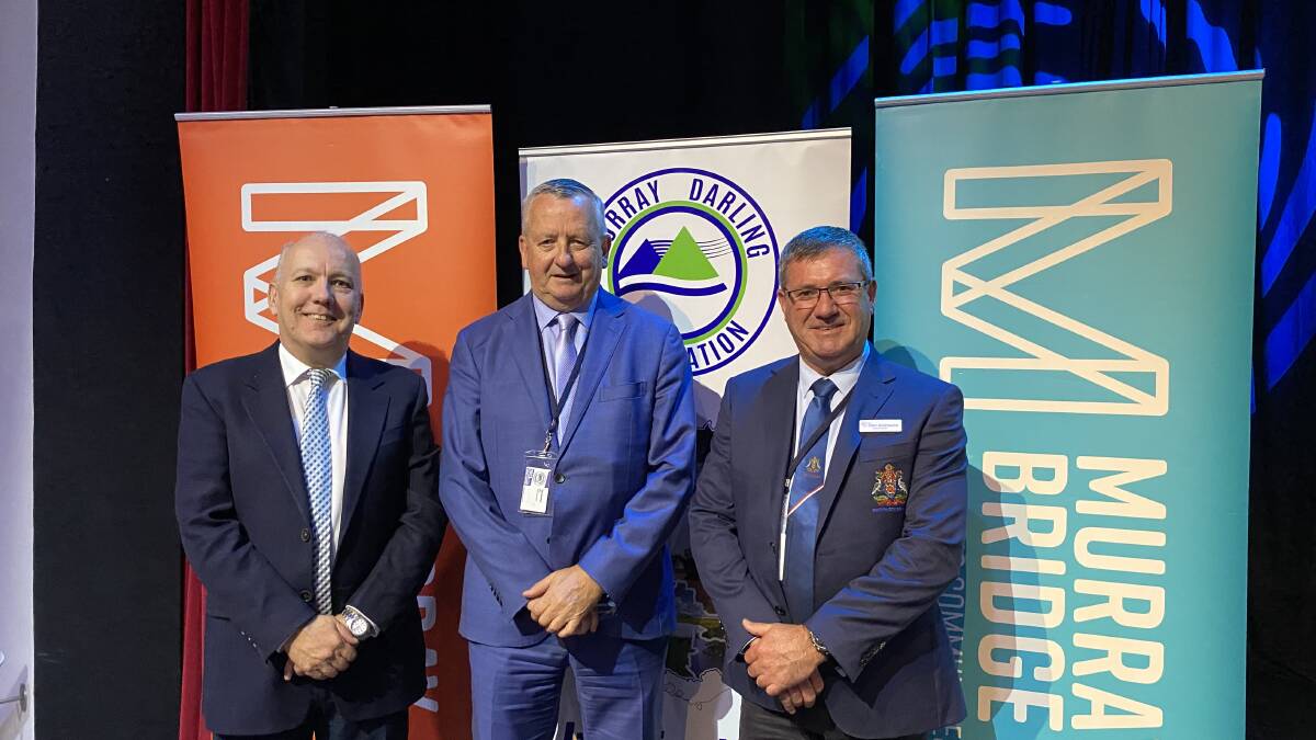 Pictured at the MDA conference is MDA CEO Mark Lamb, Leeton mayor Tony Reneker and Griffith City councillor and group nine chairman Glen Andreazza. Picture supplied.