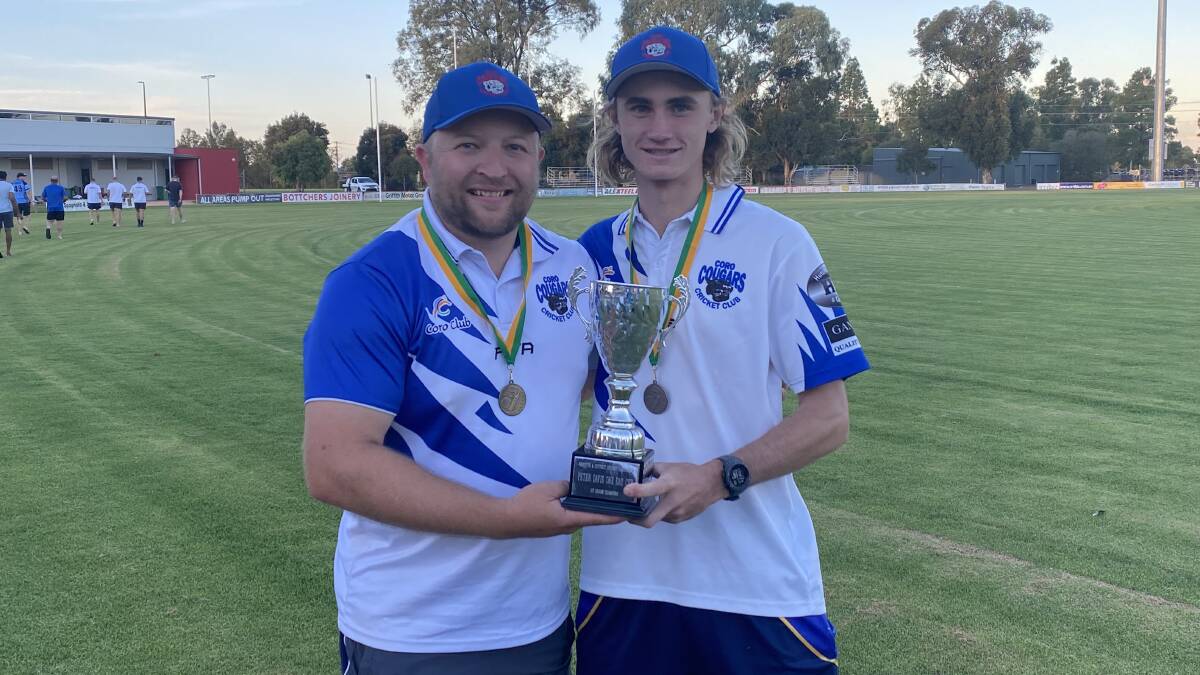 VICTORS: Coro's Brent Lawrence and Mathew Axtill with the Peter Davis One Day Cup following their side's win in the thrilling final on Sunday. PHOTO: Liam Warren