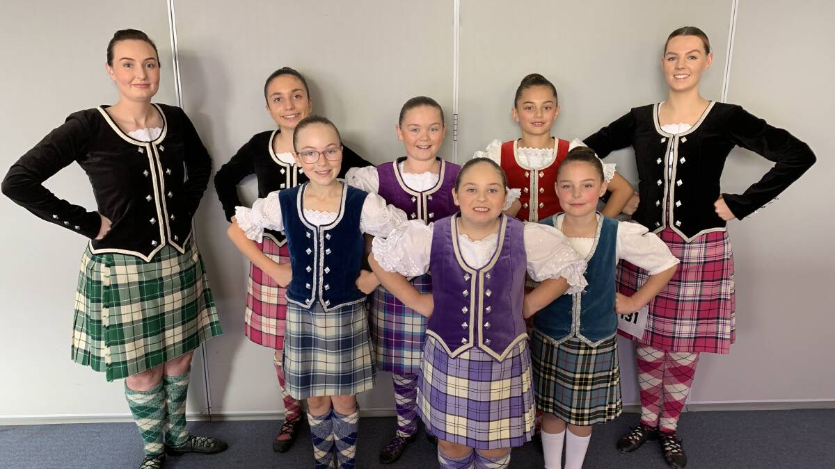 COMPETE: Leeton's participants in the recent highland dancing competition as part of the Leeton Eisteddfod Arnah Garwood, Maya Pages, Shaiila Ogilvie, Miah Weymouth, Shelby Tiffin, (front) Phoebe Doig, Lilah Trewin and Ava Weymouth. Photo: Supplied