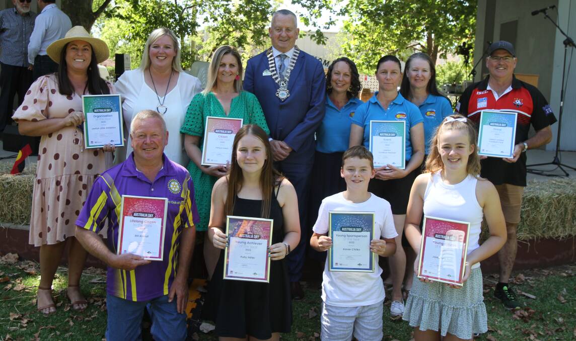 This year's Australia Day award winners celebrate their success with mayor Tony Reneker. Picture by Talia Pattison