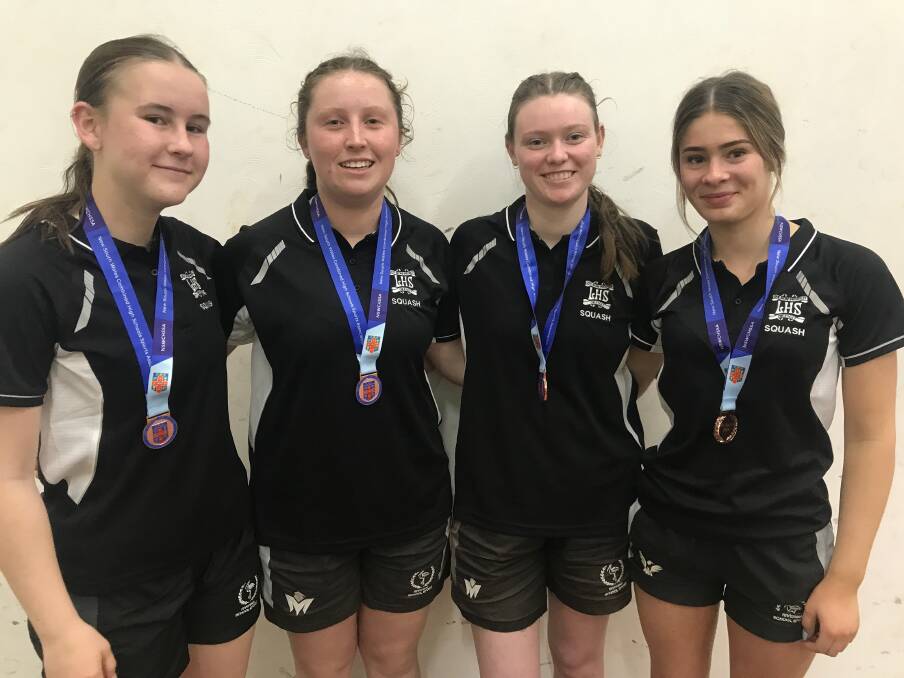 The Leeton High School girls side (from left) Ruby Miller, Charlie Lamont, Adele Thompson and Dakota Boardman finished third in the state at the recent NSW Combined High Schools Squash Knockout competition. Picture supplied