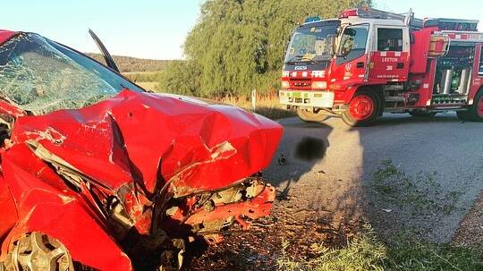 Emergency services raced to the scene to free the man from this car wreck on Sunday, April 2. Picture by Fire and Rescue NSW Leeton