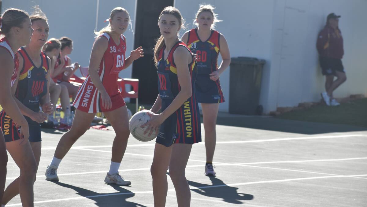 Leeton-Whitton's Emily Looby looks for options during her team's game against the Griffith Swans. Picture by Liam Warren