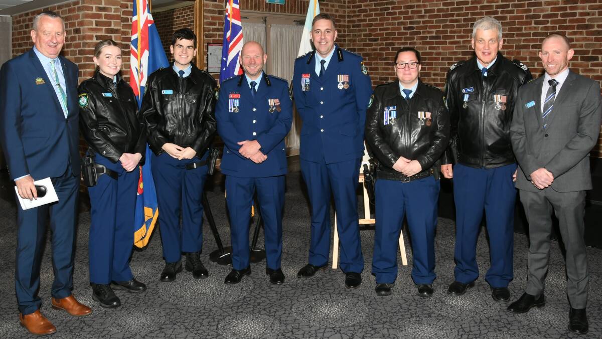 TOP JOB: Mayor Tony Reneker (far left) with Probationary Constable Jayme Seary, Probationary Constable Bailey Tinson, Inspector Tim Clark, Inspector Justin Cornes, Sergeant Craig Johnson and Senior Constable Justin Milne. Photo: Supplied
