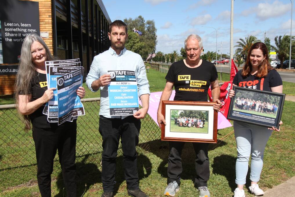 NSW Teachers Federation union representatives Kerrie Ross, Jack O'Brien, Rod Chant and Amy Rolls took part in protected strike action outside the Leeton TAFE campus on Tuesday. Picture by Talia Pattison