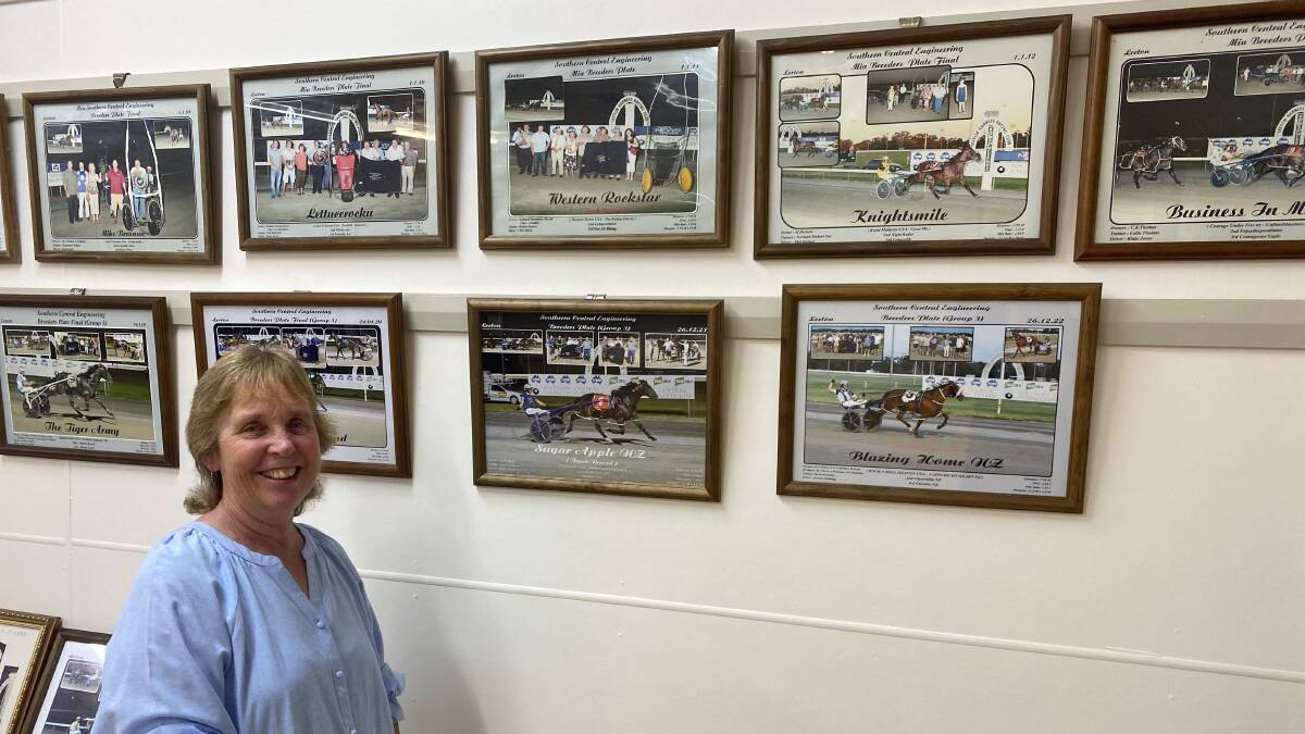 Leeton Harness Racing Club president/secretary Joanne Punch with the wall of past winners. Picture by Talia Pattison