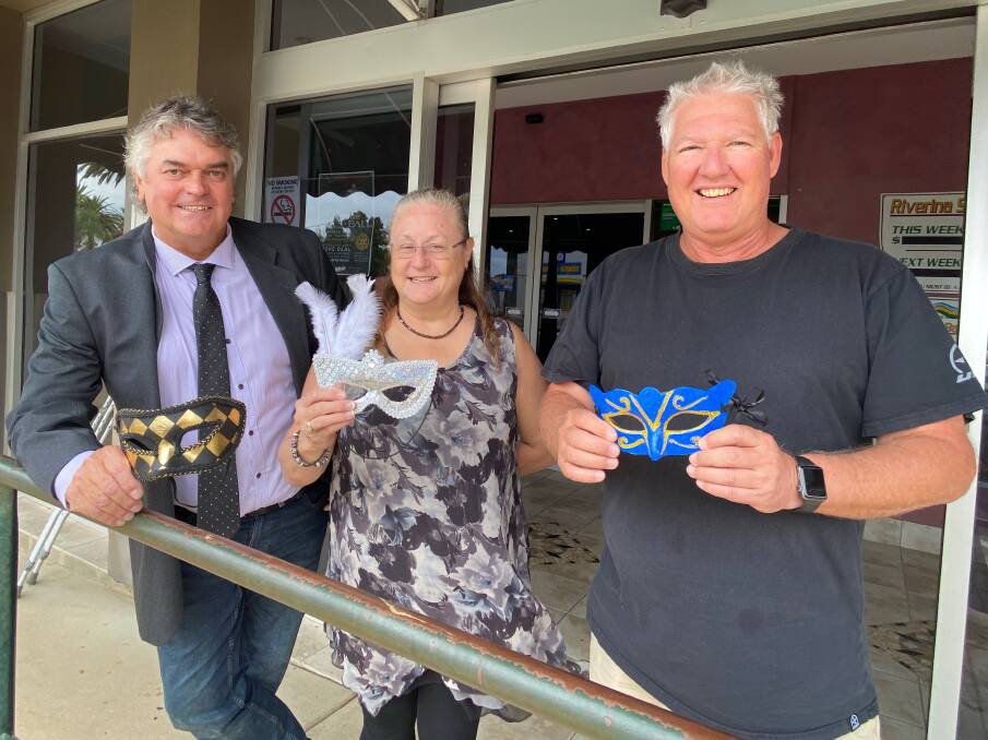 FUN: Rod and Wendy Heffer with Nick Di Pompo ahead of the Rotary Club of Leeton Central masquerade ball on March 26. Photo: Talia Pattison