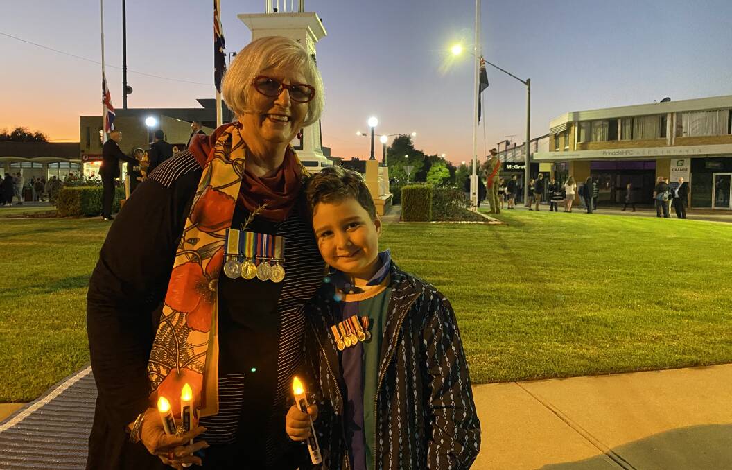 Carol Power with grandson Najib Power Malak paid their respects at Leeton's Anzac Day dawn service. Picture by Talia Pattison