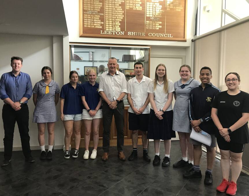 Leeton Shire Council's group manager operations Tom Steele (left), mayor Tony Reneker (middle) and councillor Sandra Nardi with the Youth Council members at the first meeting recently. Picture supplied