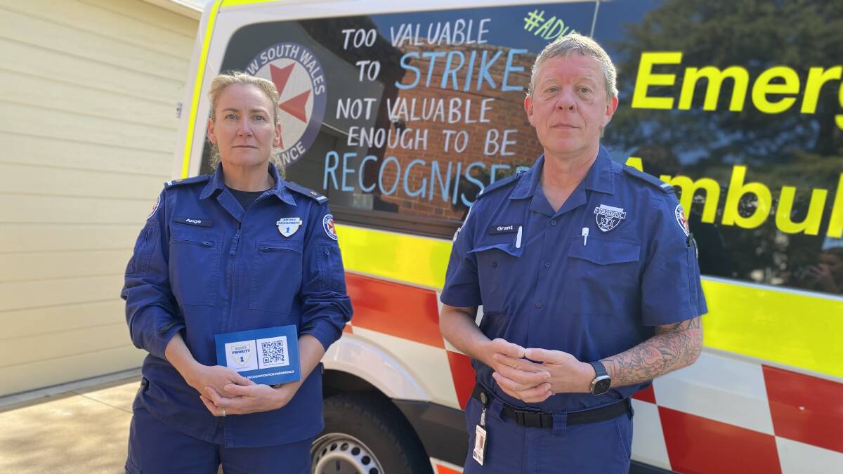 Leeton station officer Ange Fraser (left) with fellow paramedic Grant Morrison supporting the call for professional recognition for paramedics. Picture by Talia Pattison