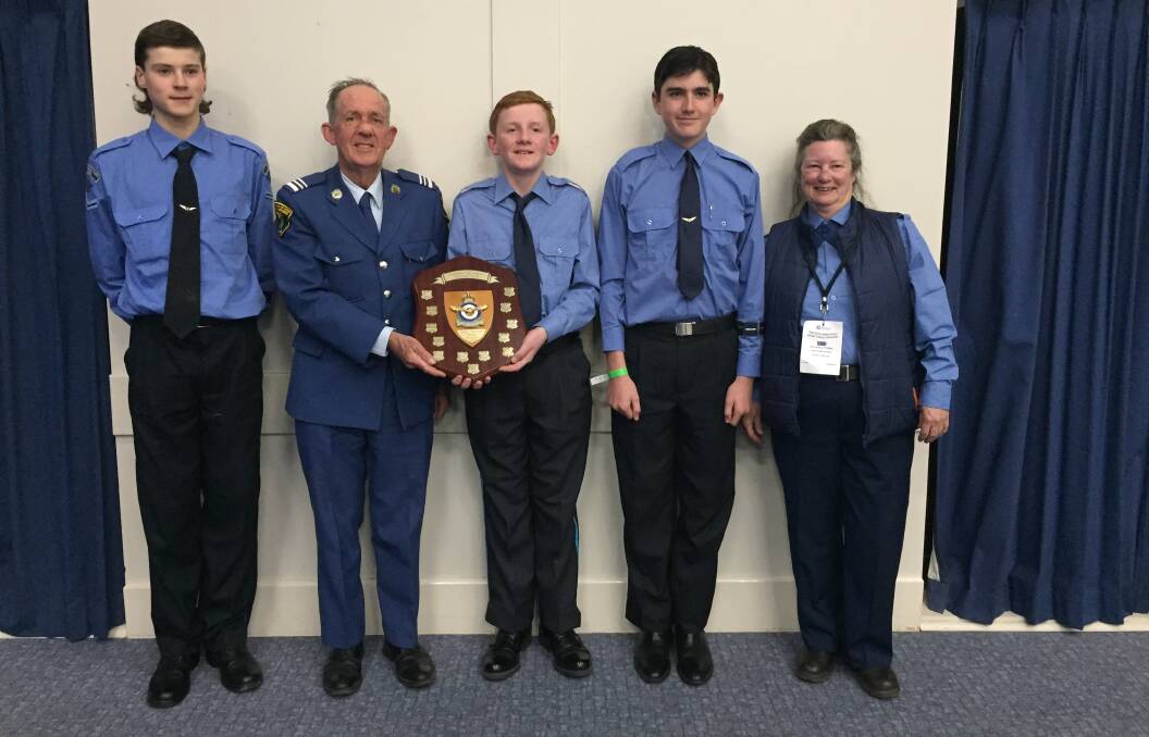 The award-winning group (from left) Leading Cadet William, Squadron OC Bob Manning, Cadet Angus, Cadet Chance and Officer Peters. Picture supplied